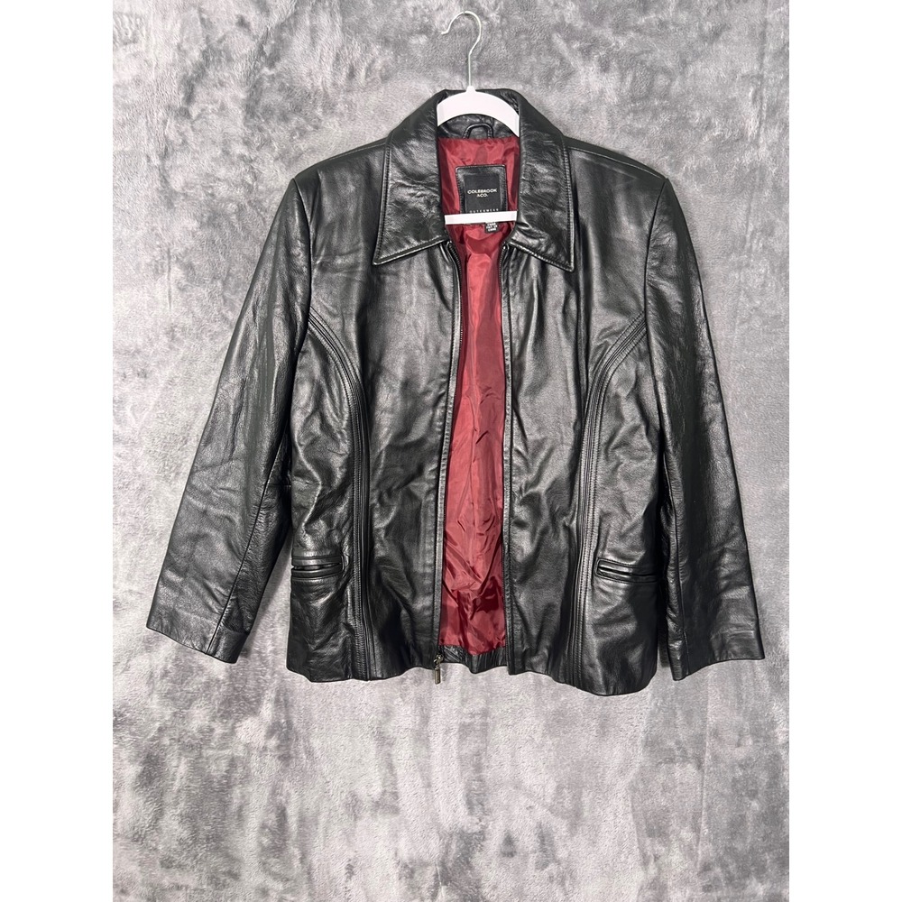 Colebrook & Co Womens Black Leather Zip Up Jacket Burgundy Lining Size Medium